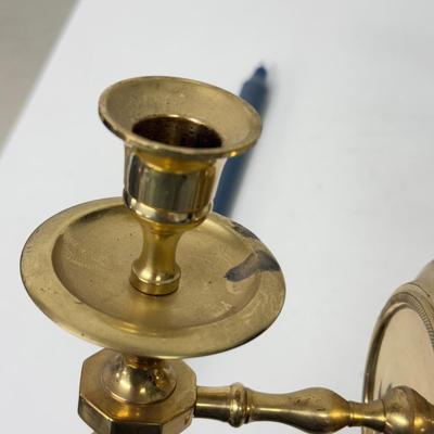 LOT 192: Pair of Wall-Mounted Brass Candlestick Holders made in India w/ Blue Candlesticks