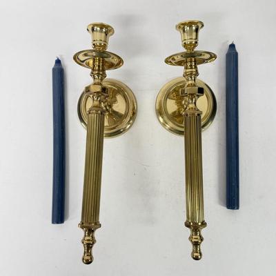 LOT 192: Pair of Wall-Mounted Brass Candlestick Holders made in India w/ Blue Candlesticks