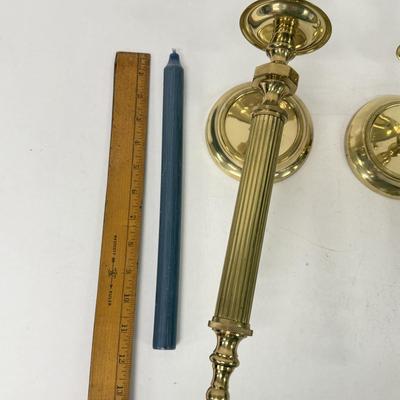 LOT 192: Pair of Wall-Mounted Brass Candlestick Holders made in India w/ Blue Candlesticks