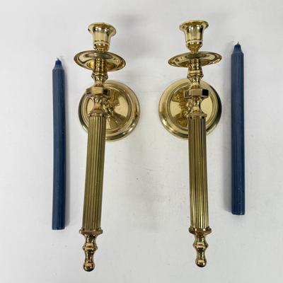 LOT 192: Pair of Wall-Mounted Brass Candlestick Holders made in India w/ Blue Candlesticks