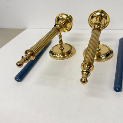 LOT 192: Pair of Wall-Mounted Brass Candlestick Holders made in India w/ Blue Candlesticks