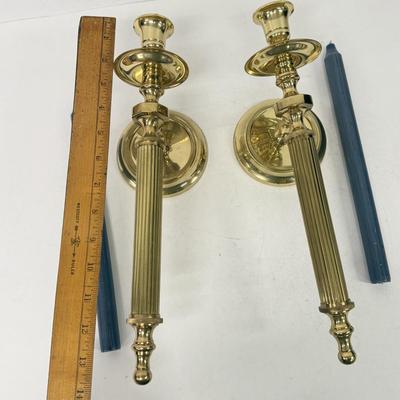 LOT 192: Pair of Wall-Mounted Brass Candlestick Holders made in India w/ Blue Candlesticks