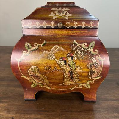 Unique Wood Lidded Box With Asian Design On Side 10x 10 X 10