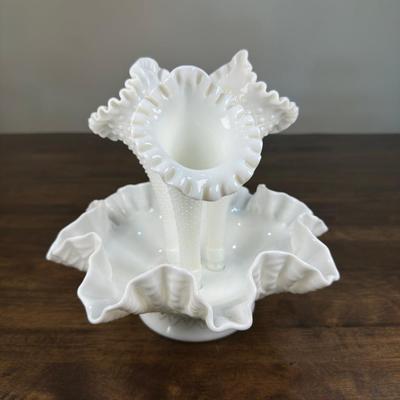 Vintage White Fenton Hobnail Milk Glass Epergne Vase Ruffled Bowl