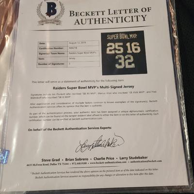 RAIDERS SB MVP AUTOGRAPHED JERSEY 3 SIGS BILETNIKOFF PLUNKETT ALLEN BECKETT COA