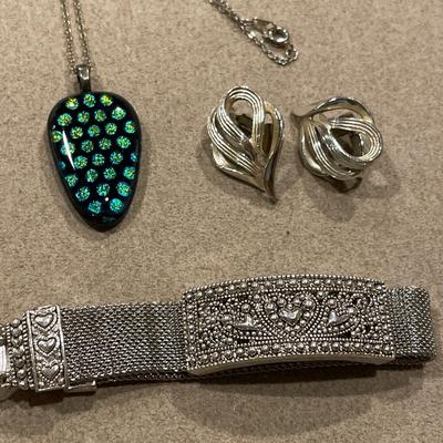Coro clip ons, dichroic glass pendant and mesh heart bracelet