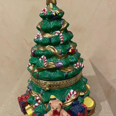 7” tall Christmas tree trinket box