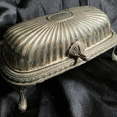 Victorian Silverplate Footed Covered Butter Dish – Ornate Ribbed Dome & Engraved Serving Tray