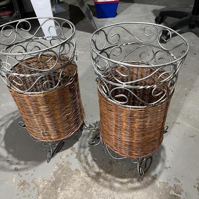 freestanding willow basket display stand with a metal base