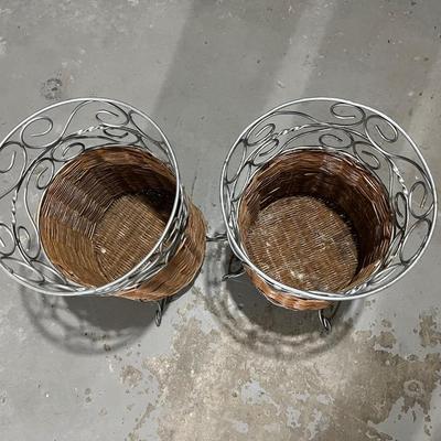 freestanding willow basket display stand with a metal base