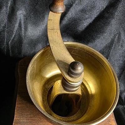 Vintage Hand-Crank Coffee Grinder with Brass Bowl & Wooden Drawer
