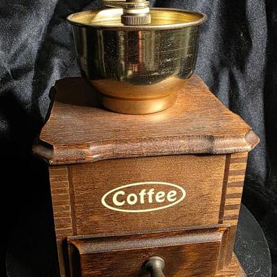 Vintage Hand-Crank Coffee Grinder with Brass Bowl & Wooden Drawer