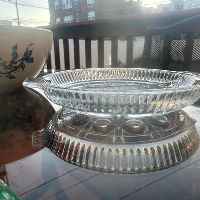 vintage Federal Glass Windsor (also known as "Button & Cane") clear pressed glass, two-part divided relish dish with tab...