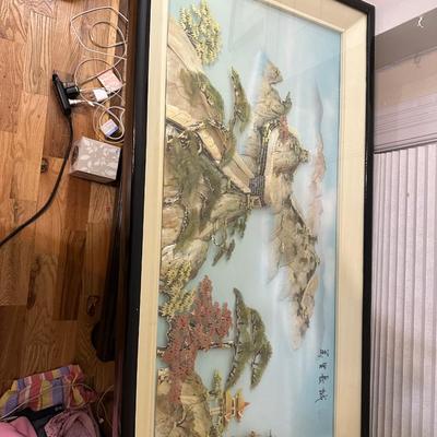 “Great Wall at home” vintage Chinese shell carving framed shadow box wall art