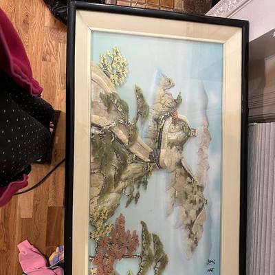 “Great Wall at home” vintage Chinese shell carving framed shadow box wall art