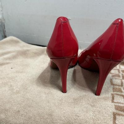 Lauren Ralph Lauren red patent leather strappy peep-toe high heels.
