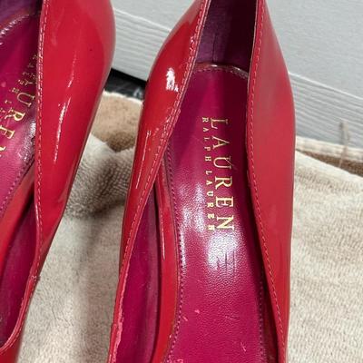 Lauren Ralph Lauren red patent leather strappy peep-toe high heels.
