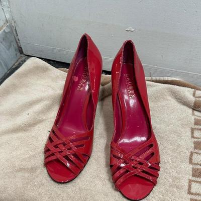 Lauren Ralph Lauren red patent leather strappy peep-toe high heels.