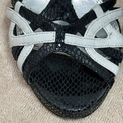 White House Black Market black and white snake embossed strappy stiletto heels