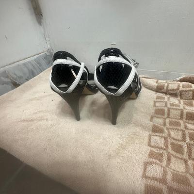 White House Black Market black and white snake embossed strappy stiletto heels