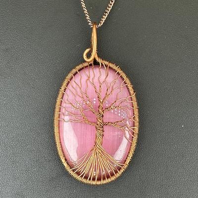 Necklace Pink Cat Eye 925 Sterling Silver Plated Handmade Gemstone 