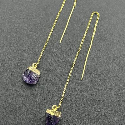 Earrings 925 Sterling Silver Natural Raw Amethyst Gemstone (Tested)