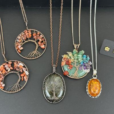 Mixed Jewelry Lot  Earrings And Necklaces Including Red Agat, Amber, Aventurine, Labradorite 