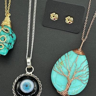 Mix Jewelry Lot Includes Turquoise Necklace, Lava Rock Bracelets, Stud Earrings, And More