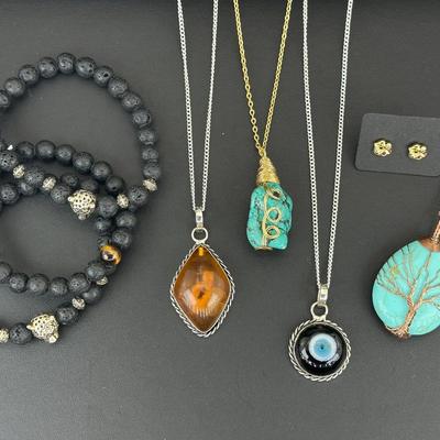 Mix Jewelry Lot Includes Turquoise Necklace, Lava Rock Bracelets, Stud Earrings, And More