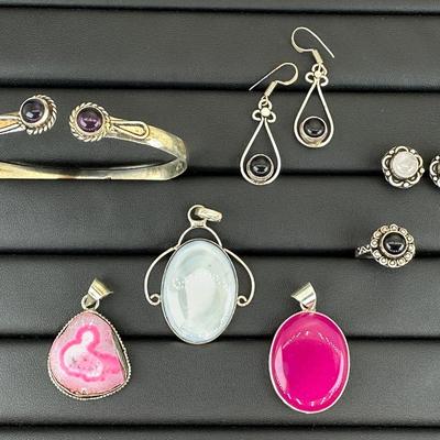 Mix Lot 925 Sterling Silver Plated Handmade Gemstone Pendant Earrings Bracelet Ring