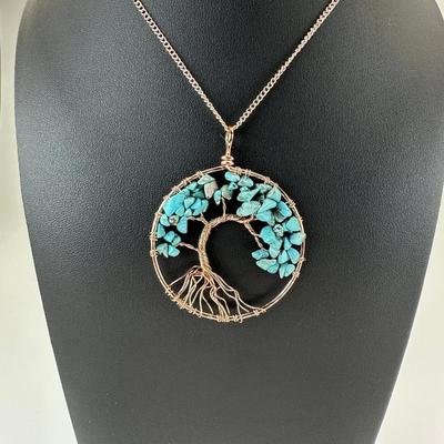 Antique Copper Turquoise Tree Of Life Necklace Lot