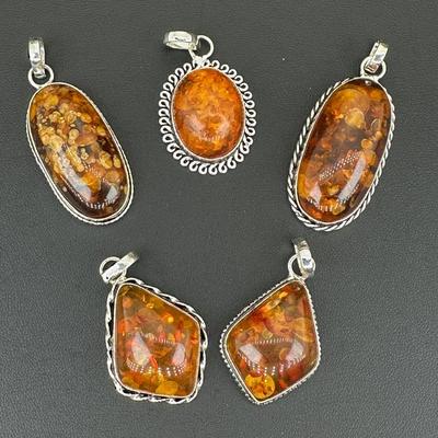 Amber Pendant 925 Sterling Silver Plated Handmade Gemstone 