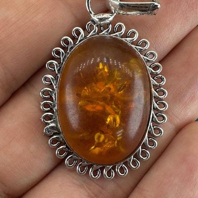 Amber Pendant 925 Sterling Silver Plated Handmade Gemstone 