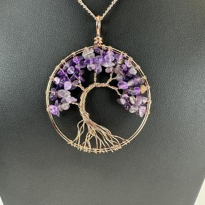 Antique Copper Amethyst Tree Of Life Necklace Lot