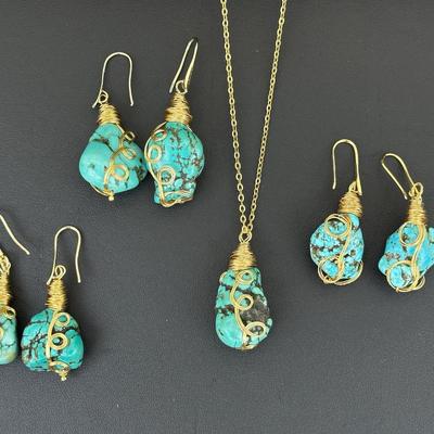 Synthetic Turquoise Necklace And Earring Set Lot