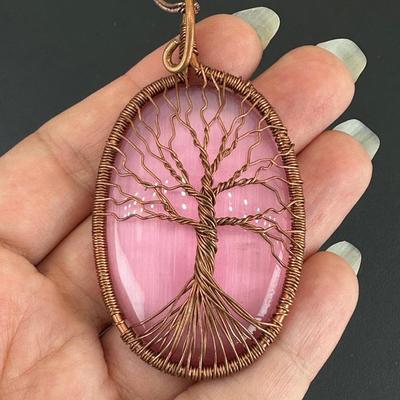 Necklace Pink Cat Eye 925 Sterling Silver Plated Handmade Gemstone 