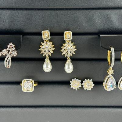 Brand New Zirconia Earrings And Ring Rhodium Plating Mix Lot