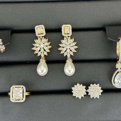 Brand New Zirconia Earrings And Ring Rhodium Plating Mix Lot
