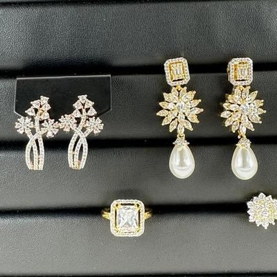 Brand New Zirconia Earrings And Ring Rhodium Plating Mix Lot