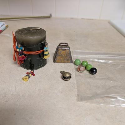 Miscellaneous group, bells,candle,marbles