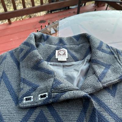 Anne Klein women's wool blend collared jacket with a blue and grey geometric pattern