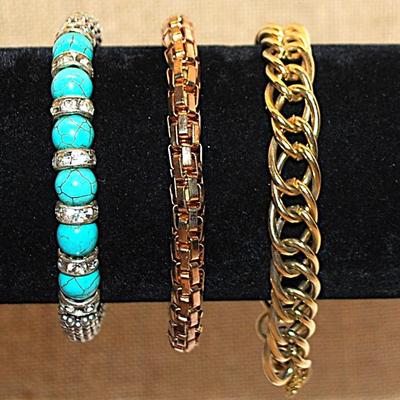 Collection of 3 CHAIN LINK Style BRACELETS (2" Opening) with 2 Elastic (Jade Beads + Deep Gold Tone) + 1 Fixed