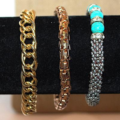 Collection of 3 CHAIN LINK Style BRACELETS (2" Opening) with 2 Elastic (Jade Beads + Deep Gold Tone) + 1 Fixed