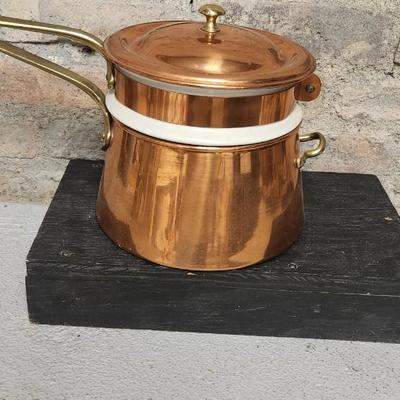 Sale Photo Thumbnail #22: Fantastic copper and China Bain Marie - double boiler. Liner was made by Hall. Super heavy