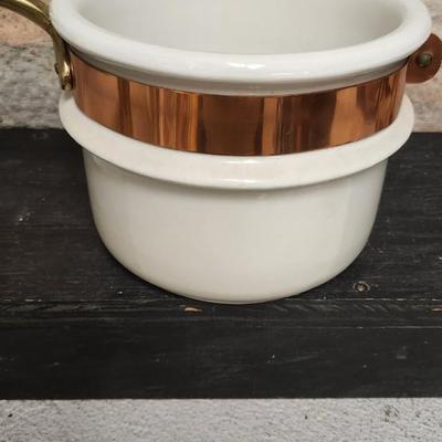 Sale Photo Thumbnail #28: Fantastic copper and China Bain Marie - double boiler. Liner was made by Hall. Super heavy