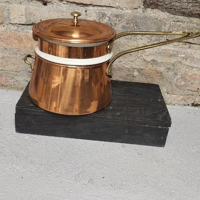 Sale Photo Thumbnail #20: Fantastic copper and China Bain Marie - double boiler. Liner was made by Hall. Super heavy