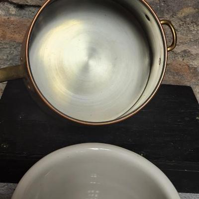 Sale Photo Thumbnail #26: Fantastic copper and China Bain Marie - double boiler. Liner was made by Hall. Super heavy