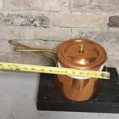 Sale Photo Thumbnail #25: Fantastic copper and China Bain Marie - double boiler. Liner was made by Hall. Super heavy