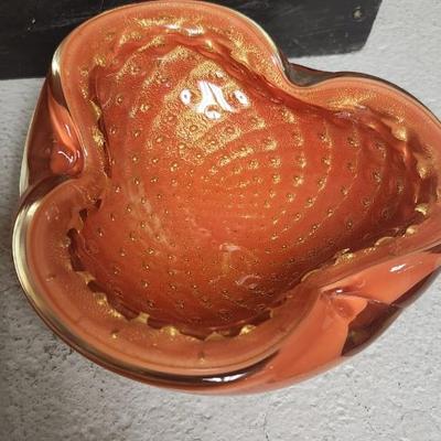 Sale Photo Thumbnail #54: Avocado tumbler, amber relish and fabulous orange and gold ashtray