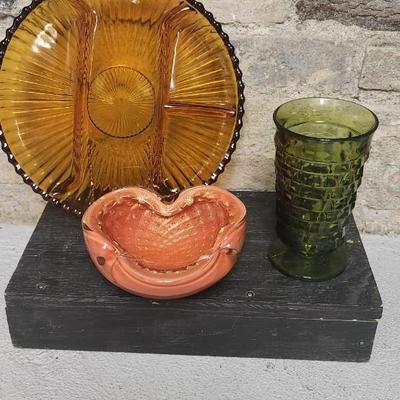 Sale Photo Thumbnail #45: Avocado tumbler, amber relish and fabulous orange and gold ashtray